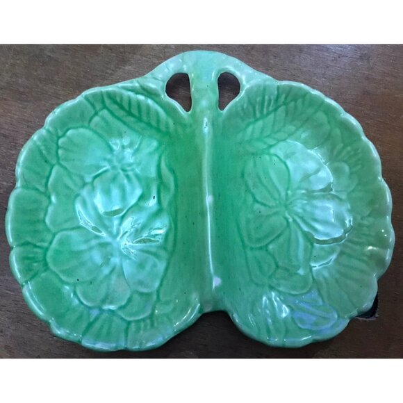 Vintage Shorter & Son Ltd Green Leaf Lettuce Divided dish butterfly Nut bowl - Picture 1 of 5
